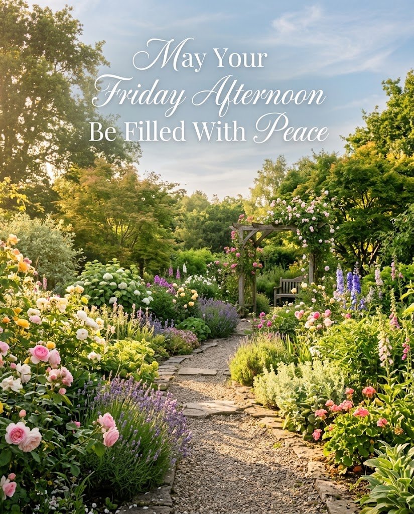 Beautiful Friday afternoon blessings with peaceful garden scenery