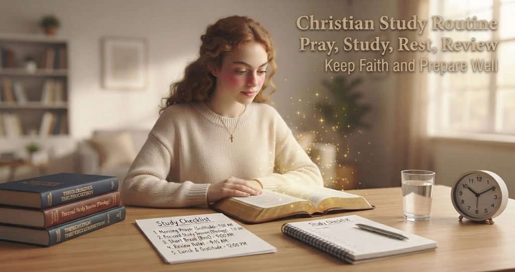 Christian study routine with Bible verses for exam preparation