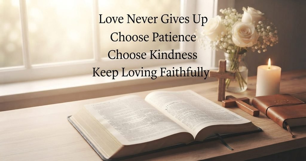 Bible and cross representing enduring Christian love from 1 Corinthians 13:4-7