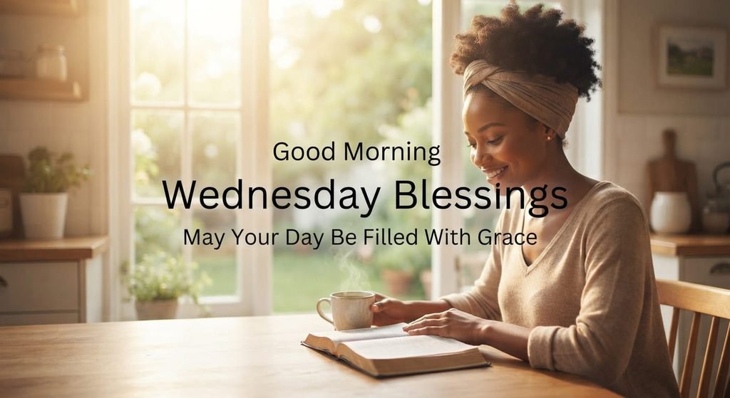 Good morning African American Wednesday blessing with Bible and sunrise