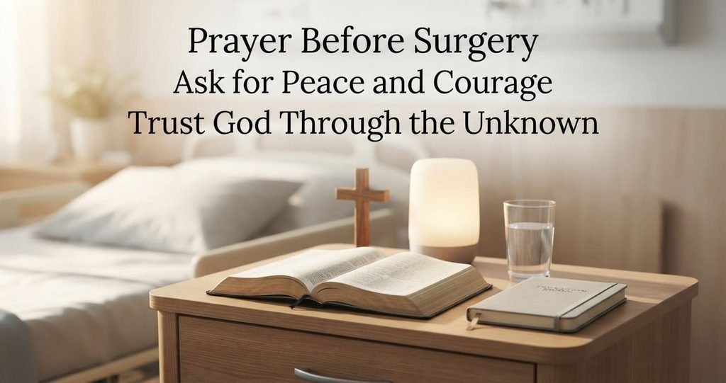 Prayer before surgery with Bible and cross in a peaceful hospital setting