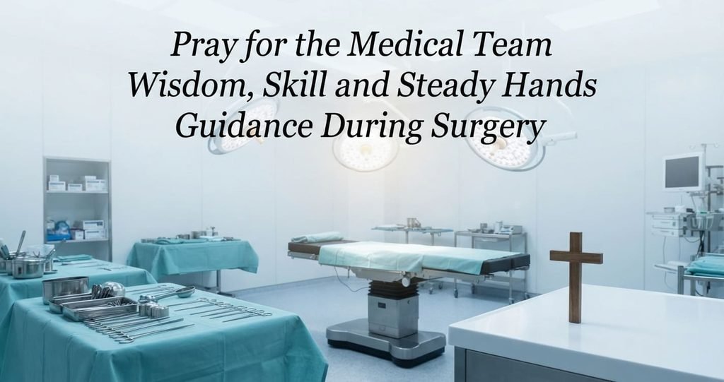 Prayer for medical team during surgery with an operating room setting