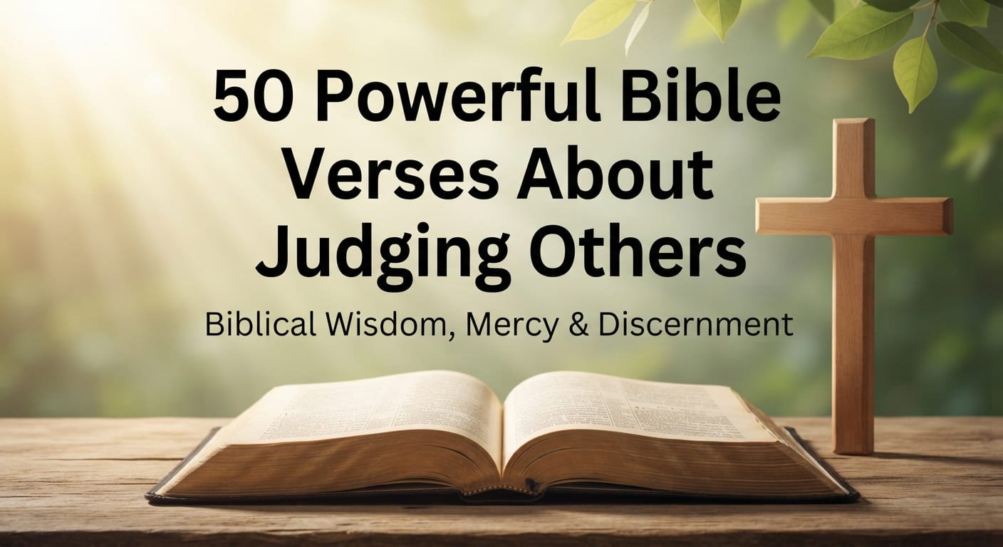 50 powerful Bible verses about judging others with an open Bible and wooden cross