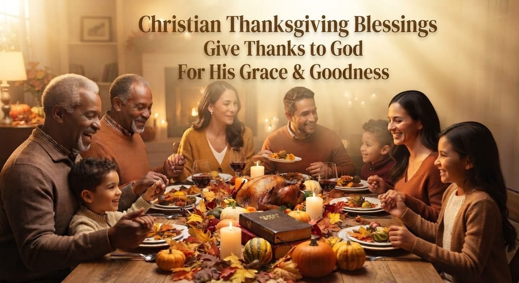 Christian family praying with Bible during Thanksgiving celebration