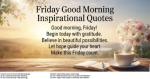 Friday Good Morning Inspirational Quotes with sunrise, flowers, coffee, and peaceful morning scenery