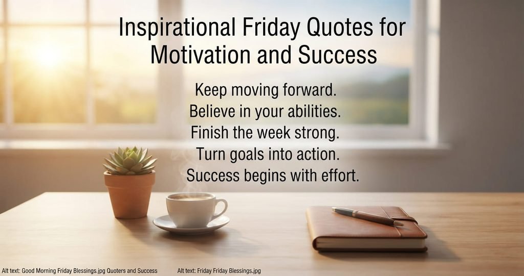 Friday Morning Motivation Quotes for Success with a coffee, notebook, and productive workspace