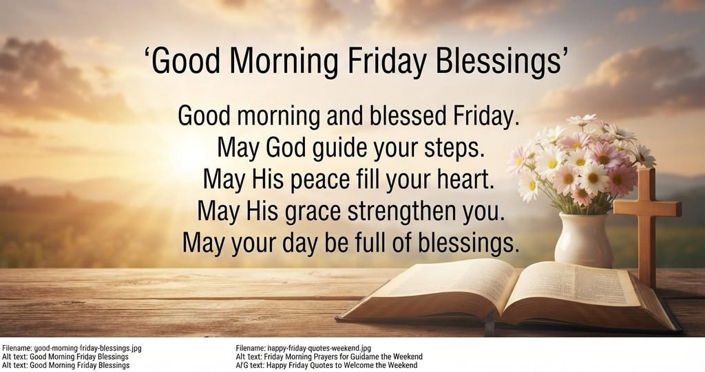 Good Morning Friday Blessings with an open Bible, flowers, cross, and golden sunlight