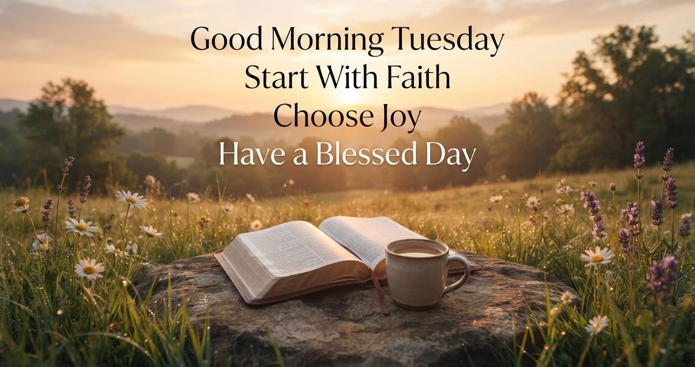 Good Morning Tuesday wishes with Bible and peaceful sunrise