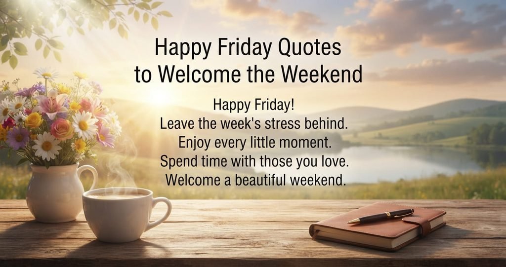 Happy Friday Quotes to welcome the weekend with flowers, coffee, and a beautiful sunrise