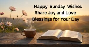 Happy Sunday wishes with a peaceful sunrise, flowers, and warm morning light