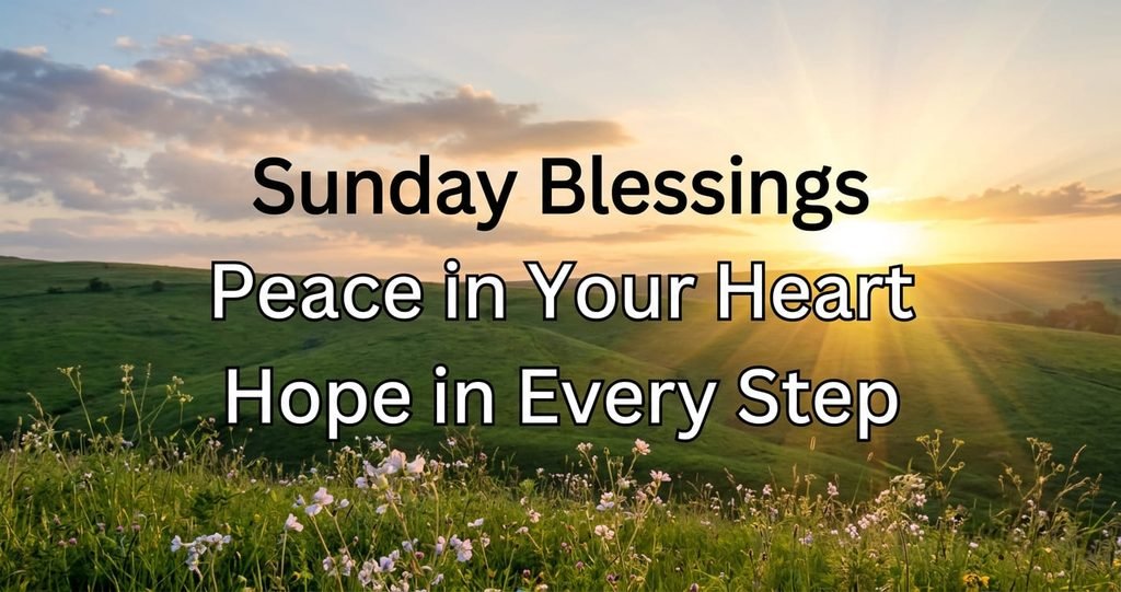 Happy Sunday wishes and blessings over a peaceful sunrise landscape