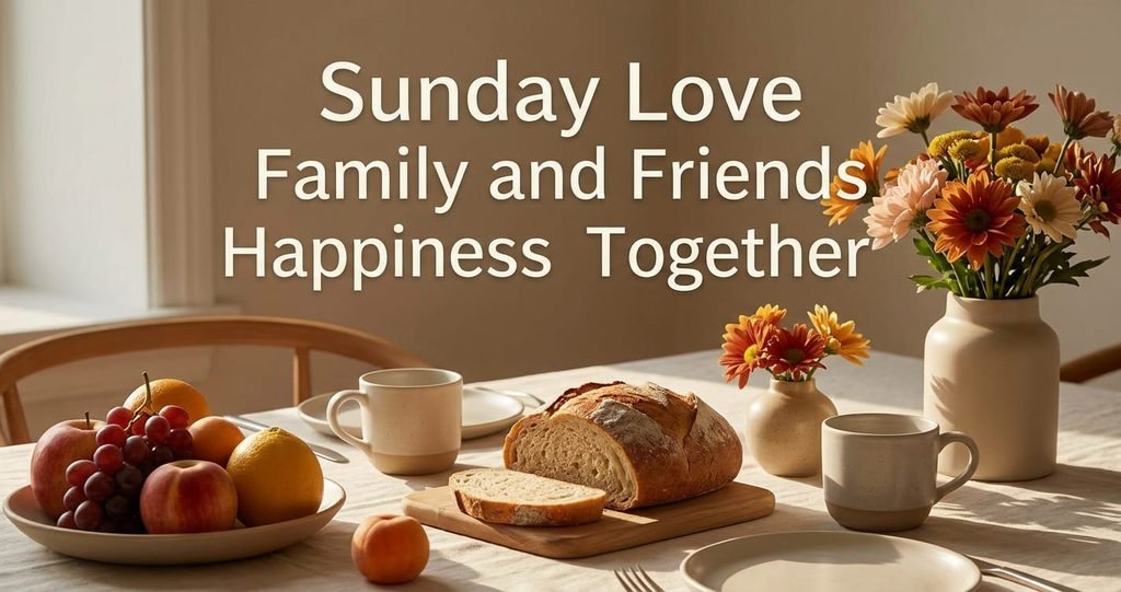 Happy Sunday wishes for family and friends with flowers and a warm Sunday table