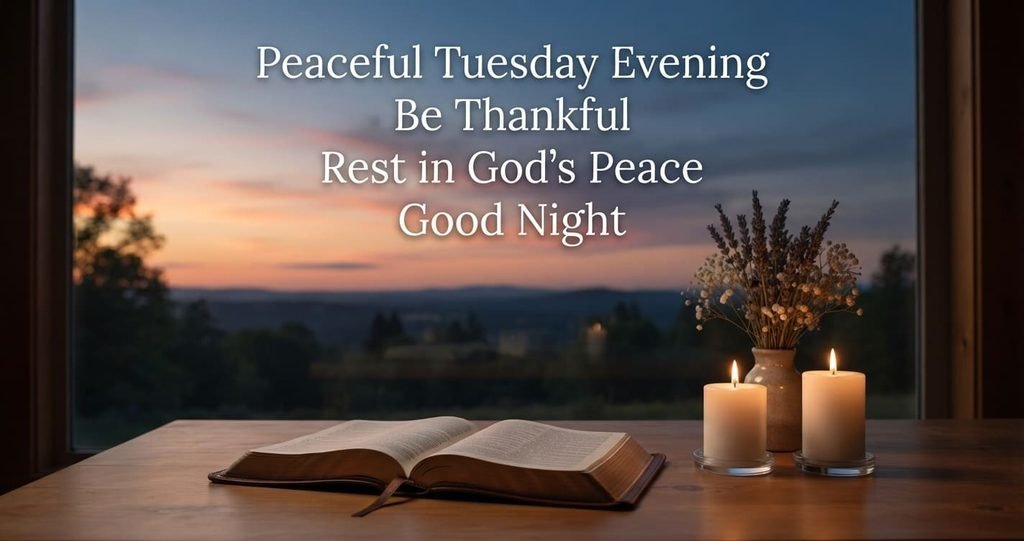 Peaceful Tuesday evening message with Bible and sunset