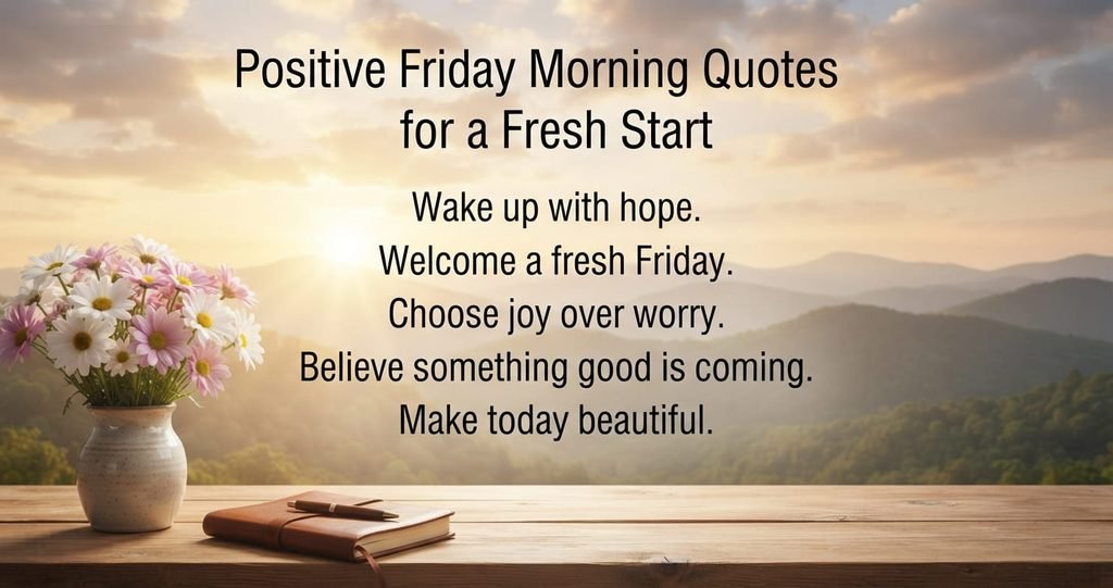Positive Friday Morning Quotes for a fresh start with a peaceful sunrise and mountains