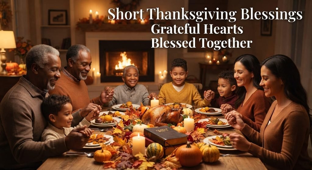 Family sharing short Thanksgiving blessings around a dinner table