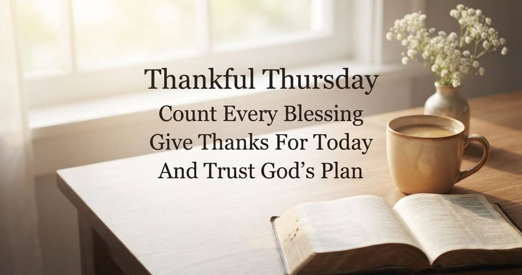 Thankful Thursday blessings with Bible, coffee and flowers