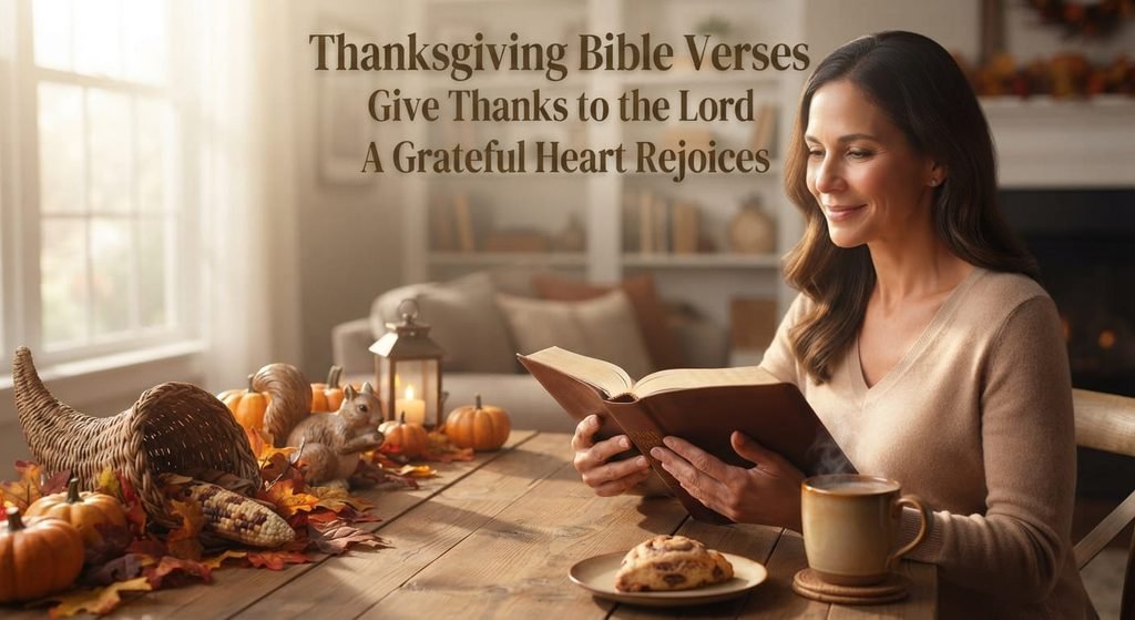 Woman reading Bible beside Thanksgiving decorations and autumn flowers