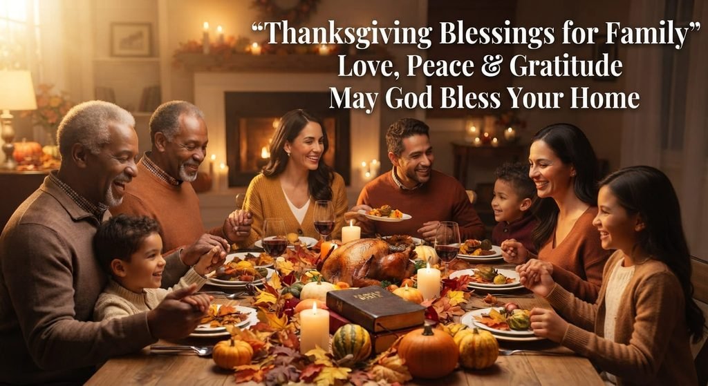 Family celebrating Thanksgiving together with gratitude and blessings