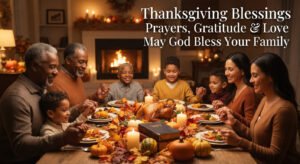 Thanksgiving blessings prayers and messages with family gathered around a festive table