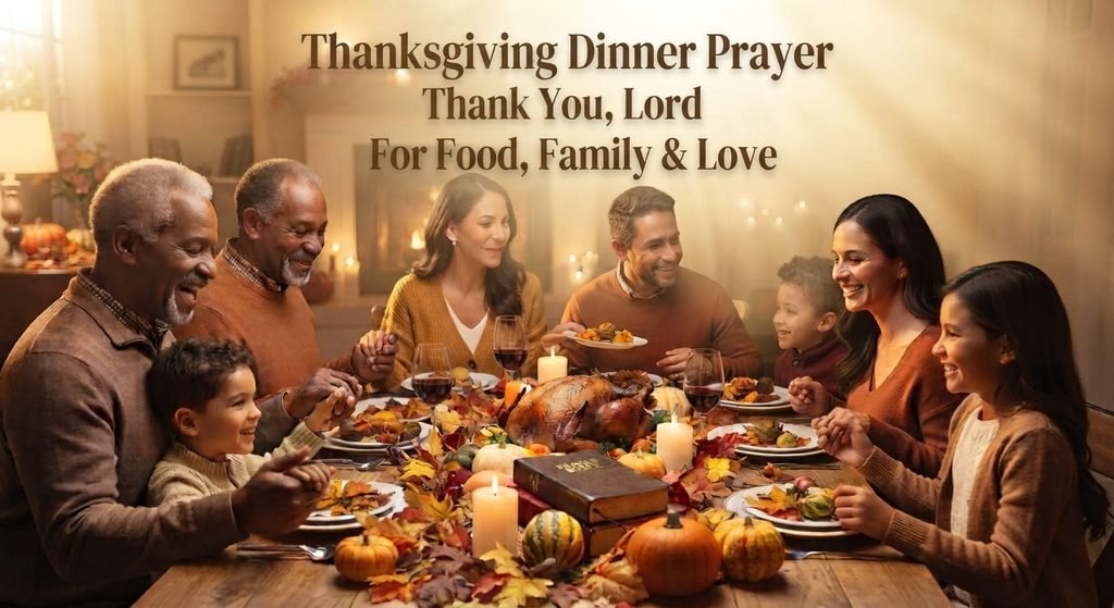 Family praying before Thanksgiving dinner with food and Bible on table