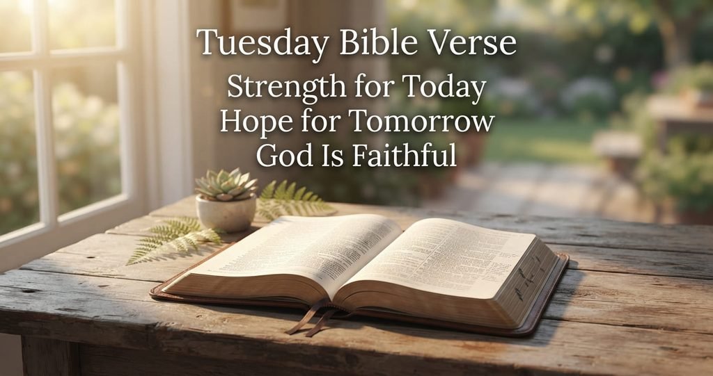 Tuesday Bible verse encouragement with open Bible