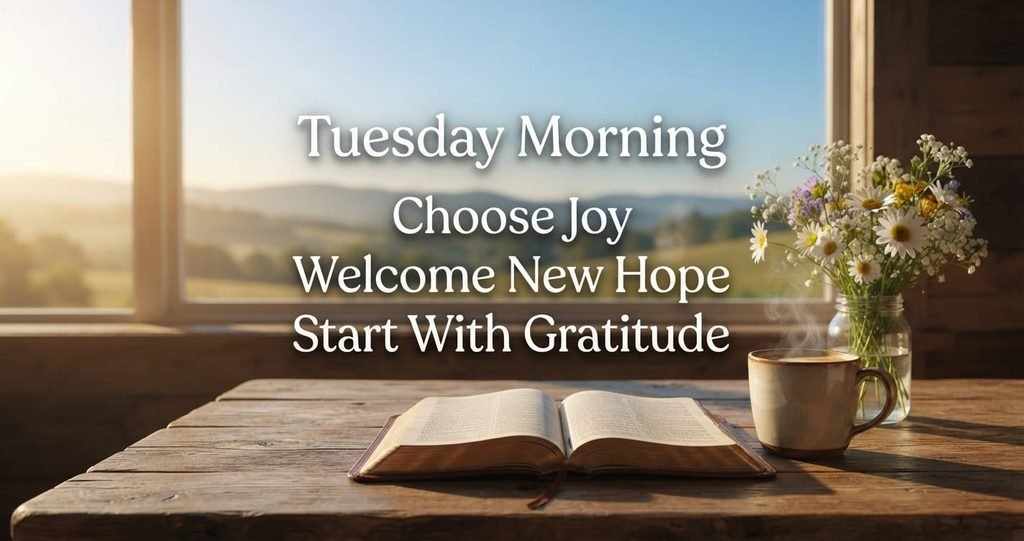 Tuesday morning joy wishes with sunrise and Bible