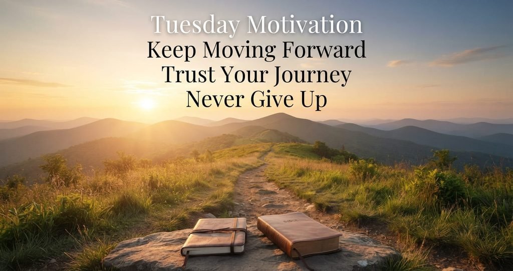 Tuesday motivation message with sunrise and mountain path
